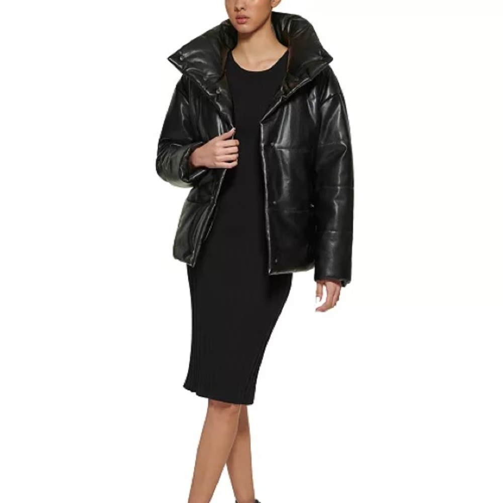 DKNY Faux-Leather Puffer Coat